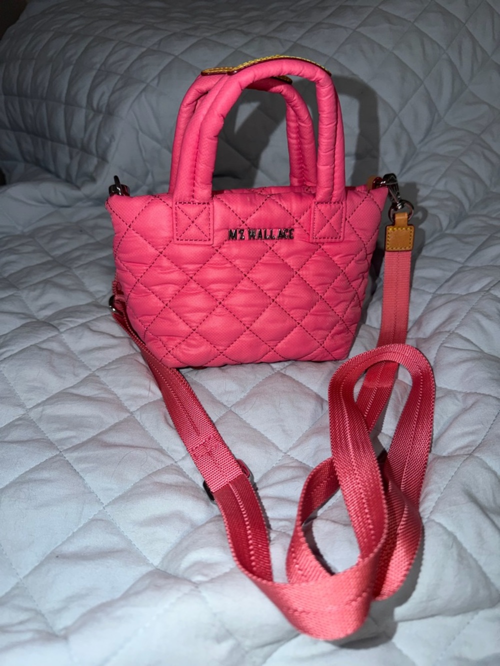 MZ Wallace Mini Quilted Tote in Bright Pink with Crossbody Strap